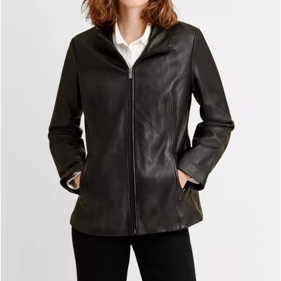 Wilsons Leather Black Moto Jacket L Zip Front Biker Style Classic Fitted Womens - Picture 1 of 12